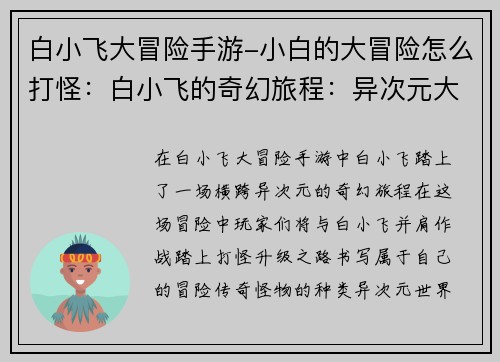 白小飞大冒险手游-小白的大冒险怎么打怪：白小飞的奇幻旅程：异次元大冒险